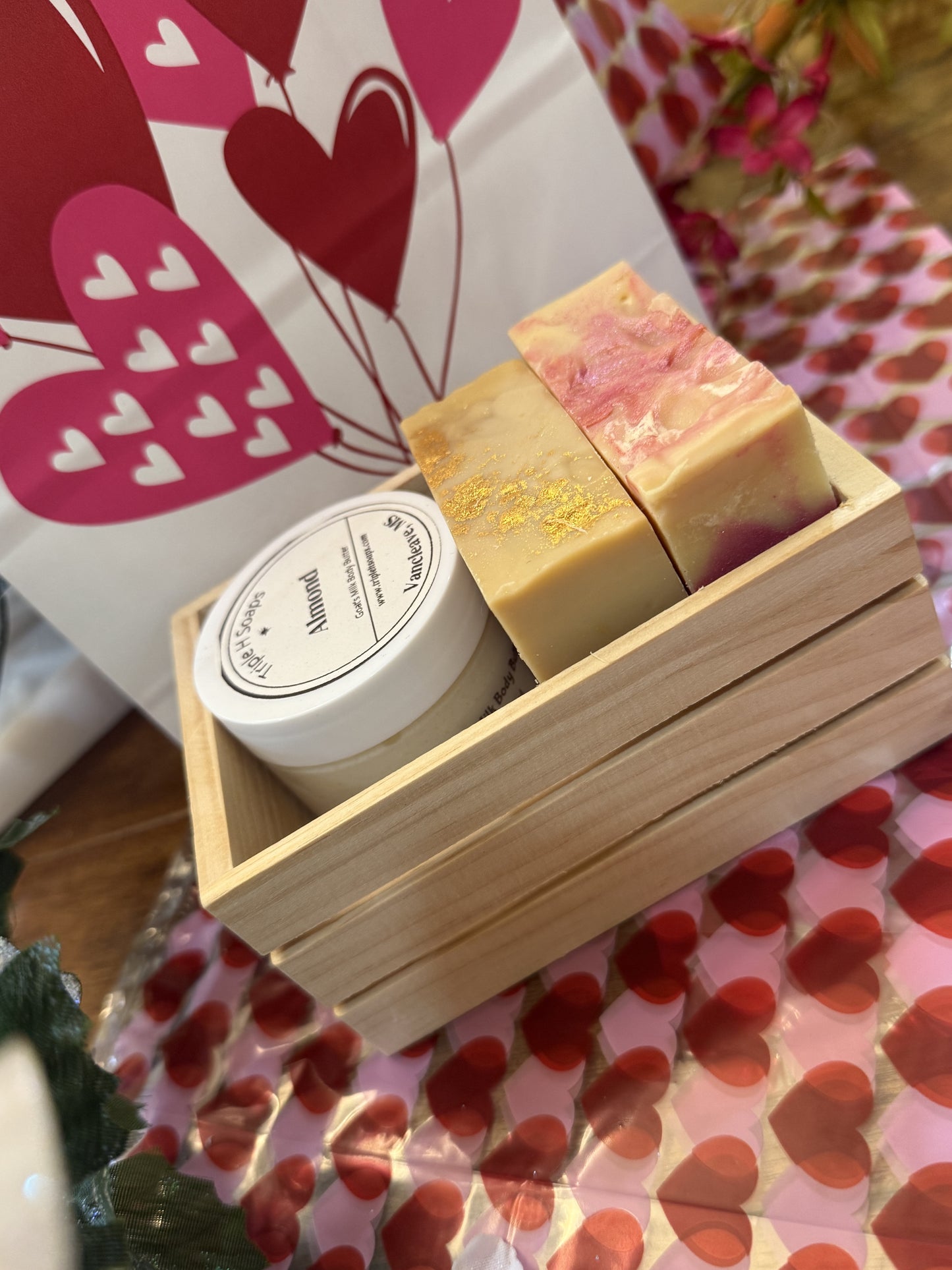 Crate gift set (2 soaps & a 4 oz body butter) one loofah - drying mat