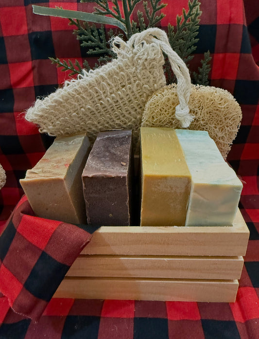 wooden crate gift set (4 5oz bars of soap, loofah, drying mat )