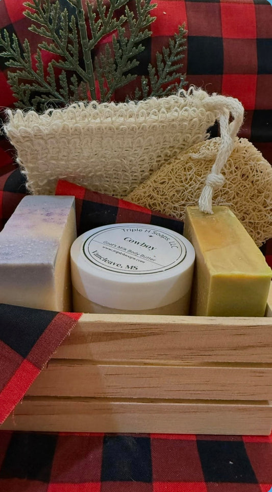 wooden crate gift set (2 soaps & a 4 oz body butter) one loofah - drying mat